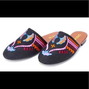 Black print embroidered mules flats US 9.5 EU 40